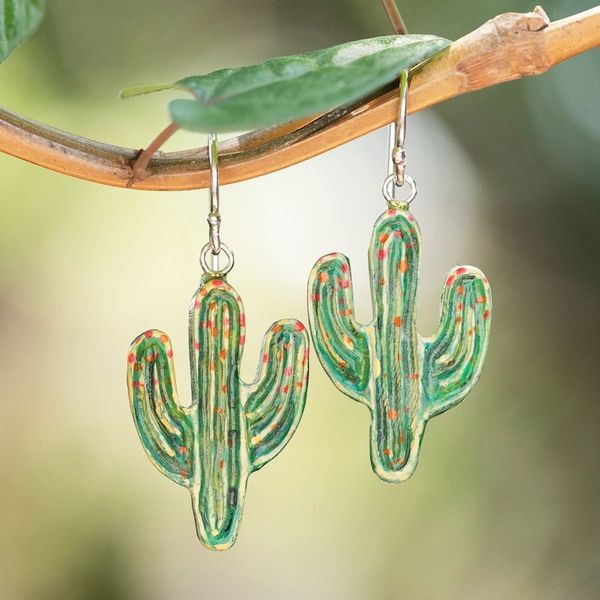 Alternate image for Hand-Painted Cactus-Themed Dangle Earrings Crafted in Bali Cactus Coquette