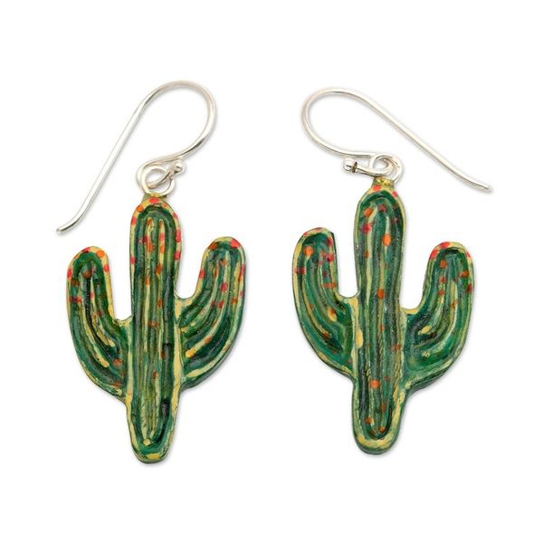 Alternate image for Hand-Painted Cactus-Themed Dangle Earrings Crafted in Bali Cactus Coquette