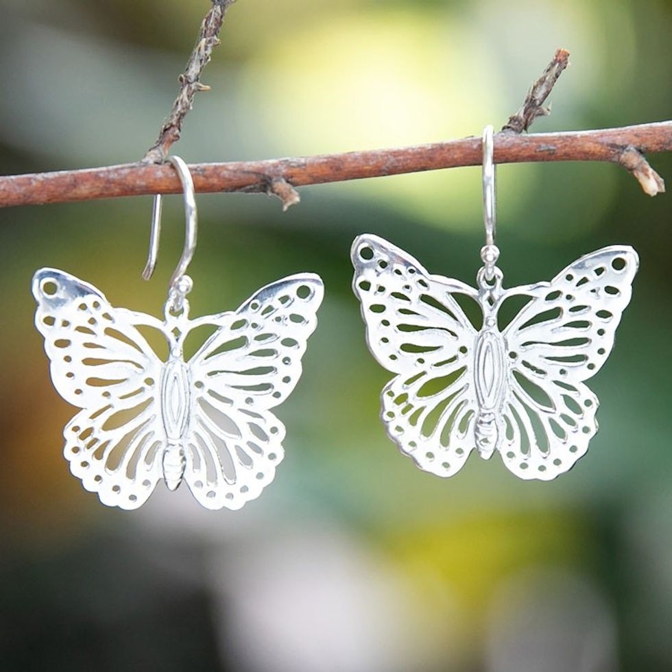 Polished Butterfly-Shaped Sterling Silver Dangle Earrings 'Fairy Butterfly'