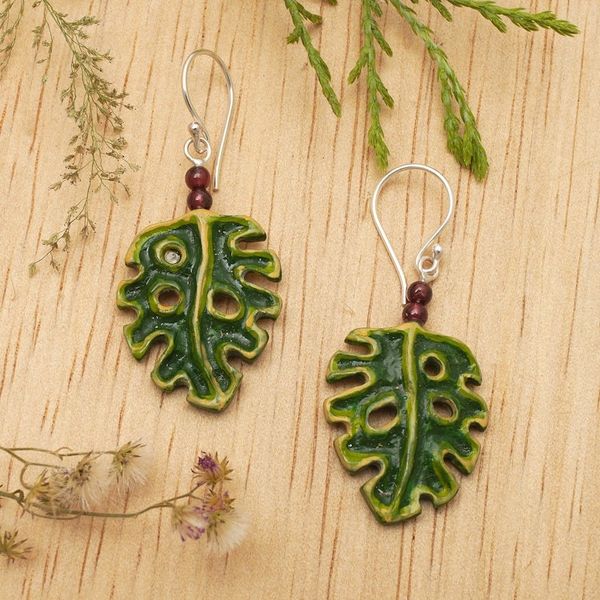 Alternate image for Hand-Painted and Carved Garnet Silver Leaf Dangle Earrings Tropical Monstera