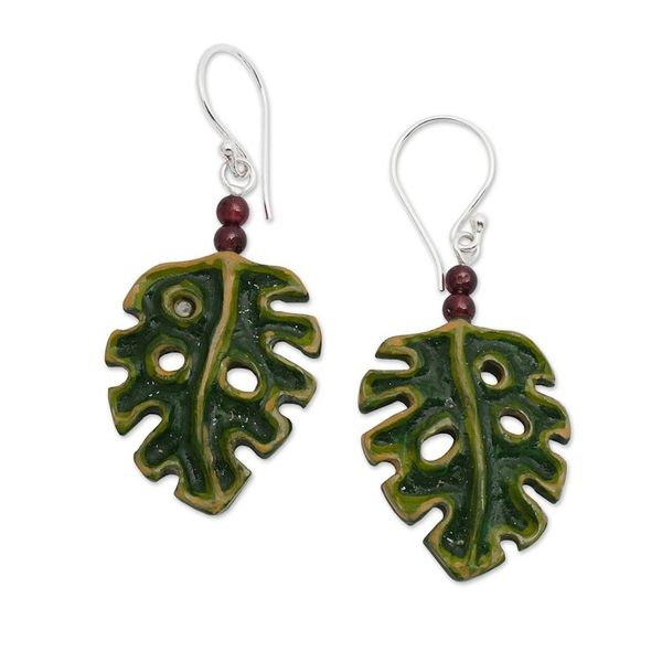 Alternate image for Hand-Painted and Carved Garnet Silver Leaf Dangle Earrings Tropical Monstera