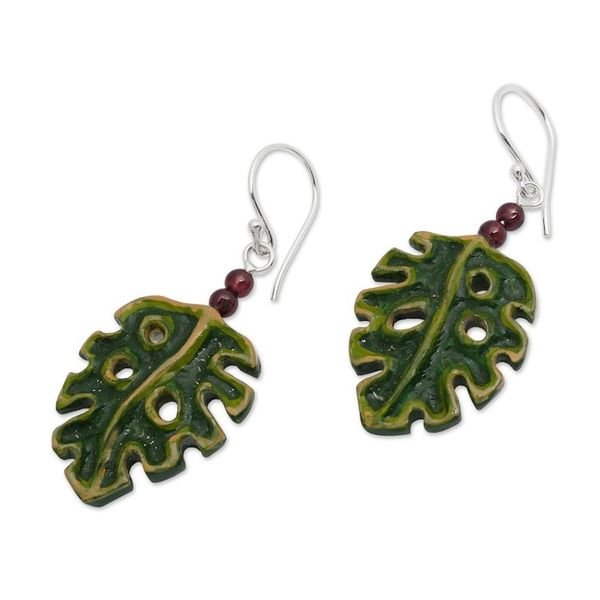 Alternate image for Hand-Painted and Carved Garnet Silver Leaf Dangle Earrings Tropical Monstera