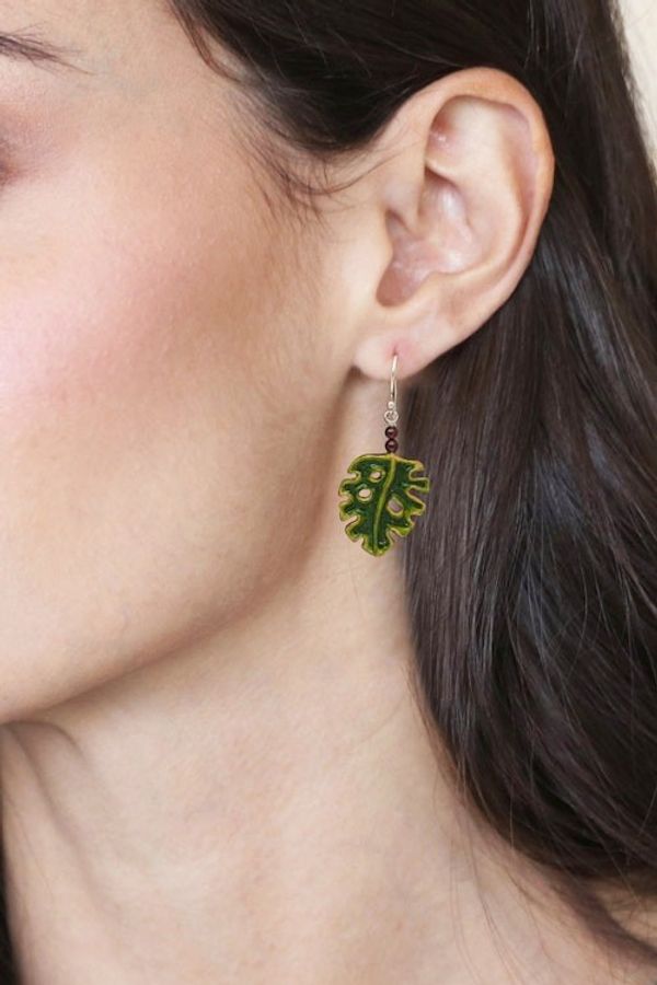 Alternate image for Hand-Painted and Carved Garnet Silver Leaf Dangle Earrings Tropical Monstera