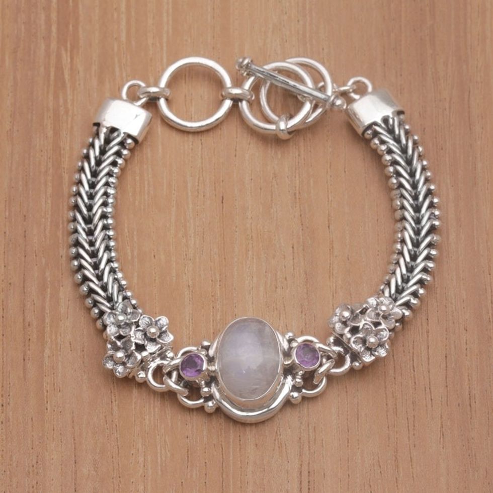 Rainbow Moonstone and Amethyst Pendant Bracelet from Bali 'Jepun Glow'