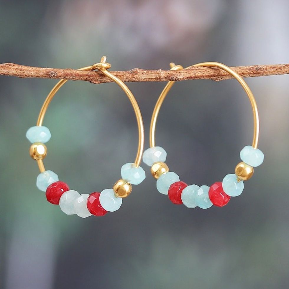Polished 18k Gold-Plated Chalcedony and Onyx Hoop Earrings 'Gorgeous Cycles'