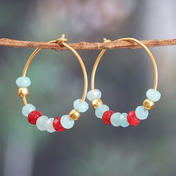 Alternate image for Polished 18k Gold-Plated Chalcedony and Onyx Hoop Earrings Gorgeous Cycles