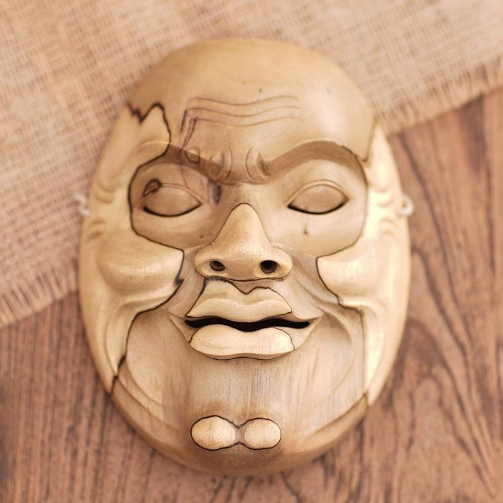 Handmade Hibiscus Wood Mask 'Old Grandfather's Face'