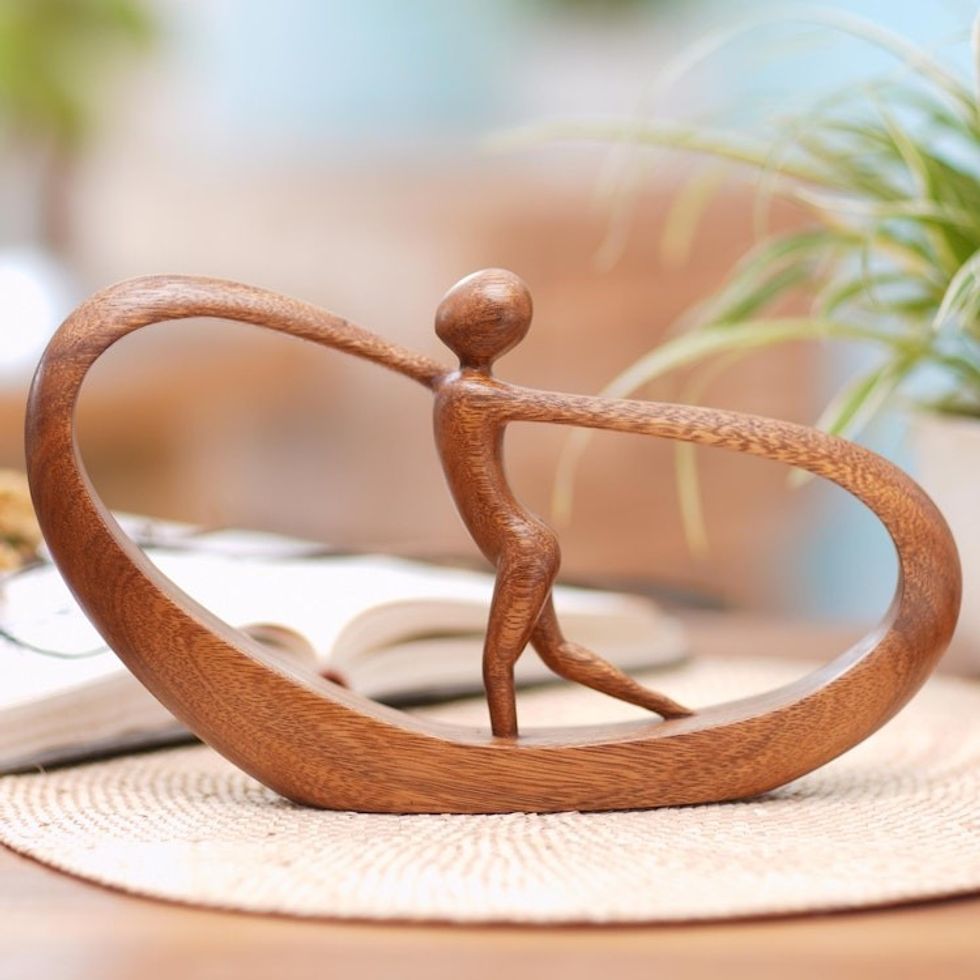 Hand Carved Suar Wood Statuette 'Spirit Away'