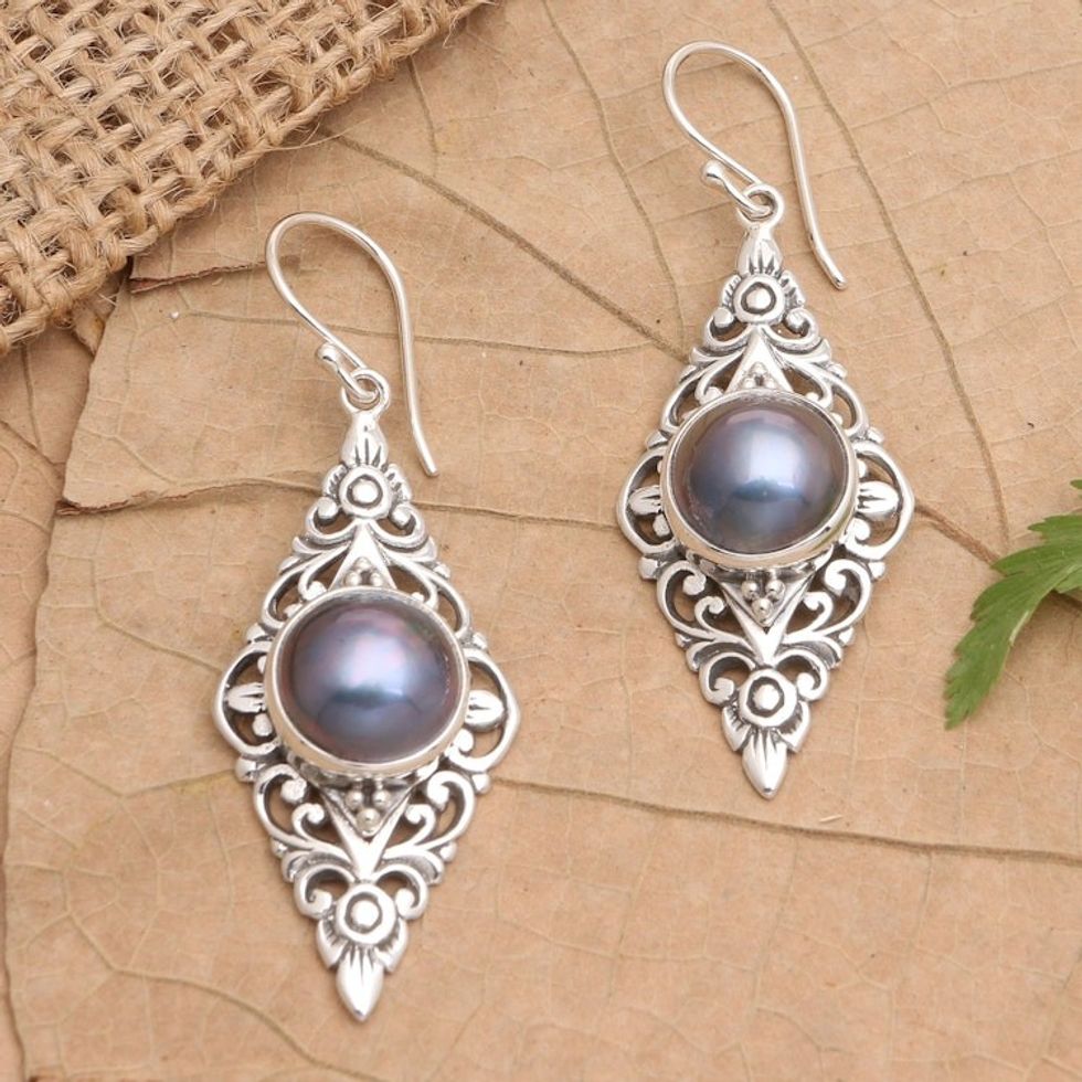 Blue Cultured Pearl Earrings 'Exquisite Bali'