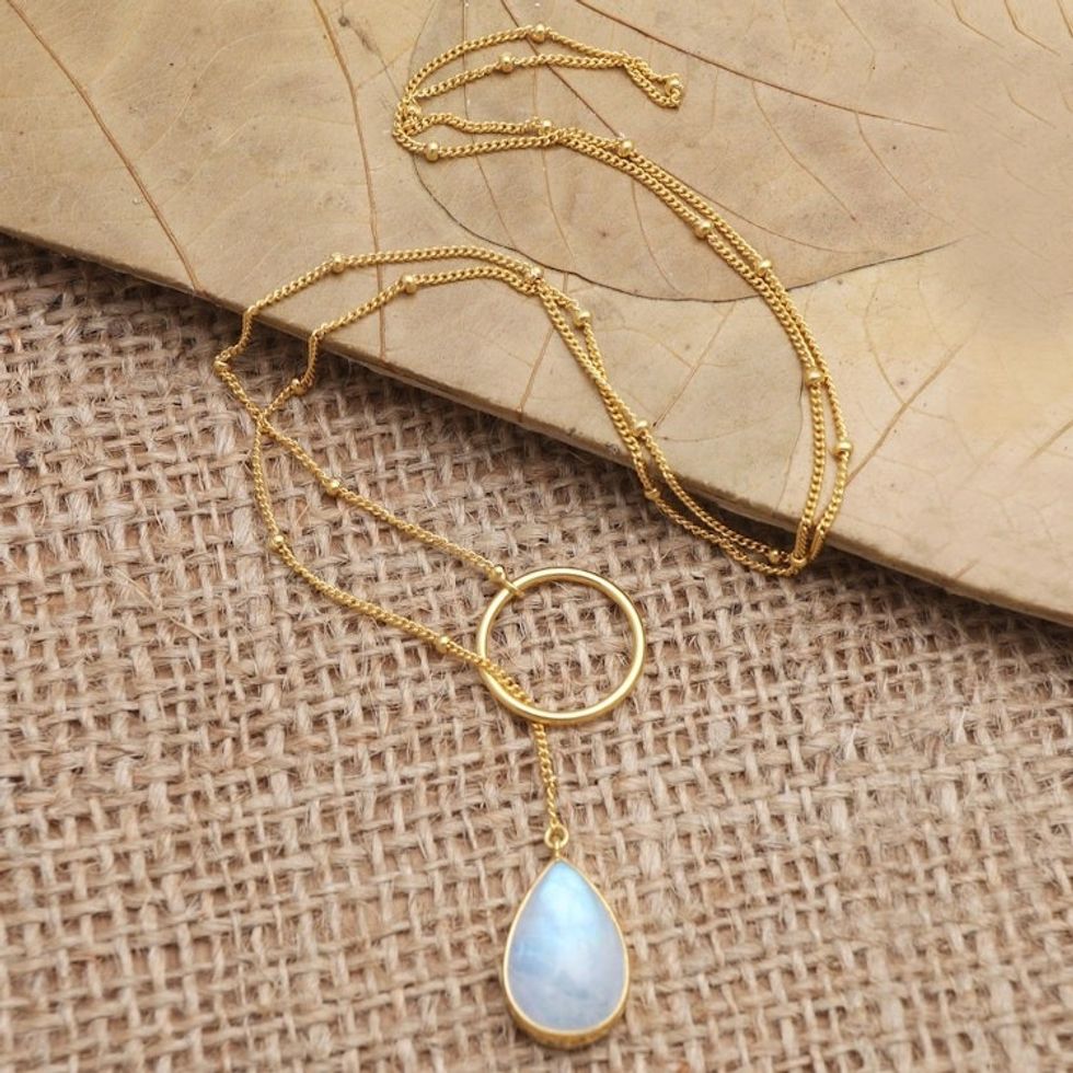 Gold-Plated Rainbow Moonstone Pendant Necklace 'Sky Blue Teardrop'