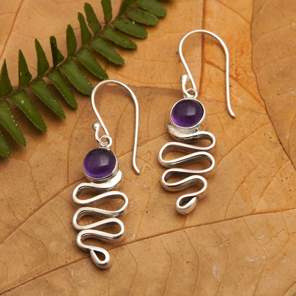 Polished Sterling Silver and Amethyst Dangle Earrings 'Zigzag Wisdom'