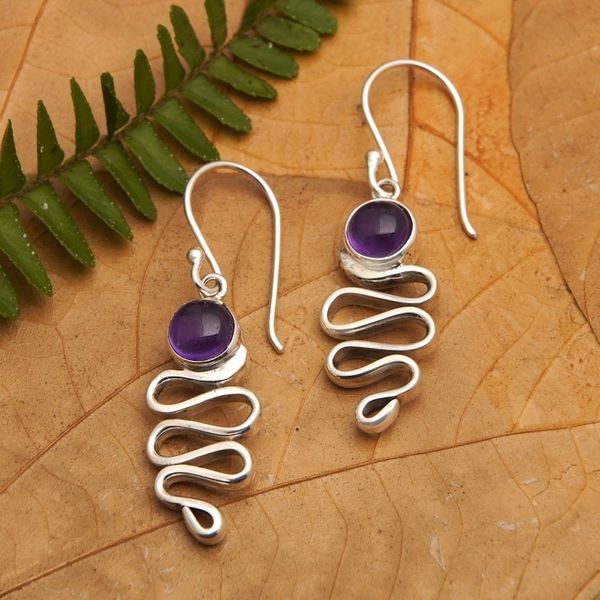 Alternate image for Polished Sterling Silver and Amethyst Dangle Earrings Zigzag Wisdom