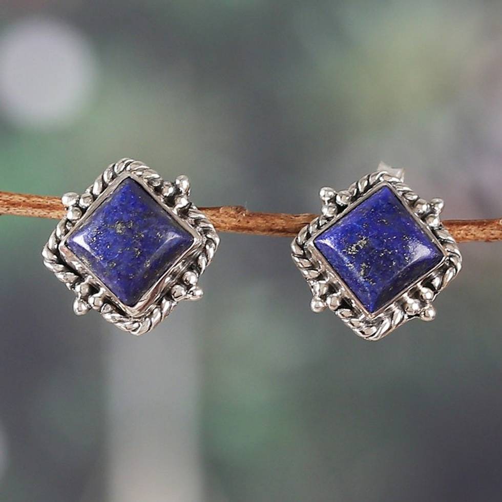 Lapis Lazuli Cabochon and Sterling Silver Button Earrings 'Jewels of Majesty'