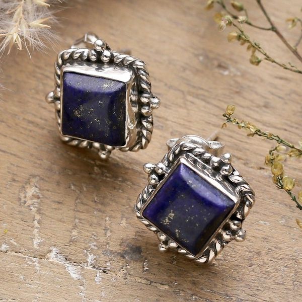 Alternate image for Lapis Lazuli Cabochon and Sterling Silver Button Earrings Jewels of Majesty
