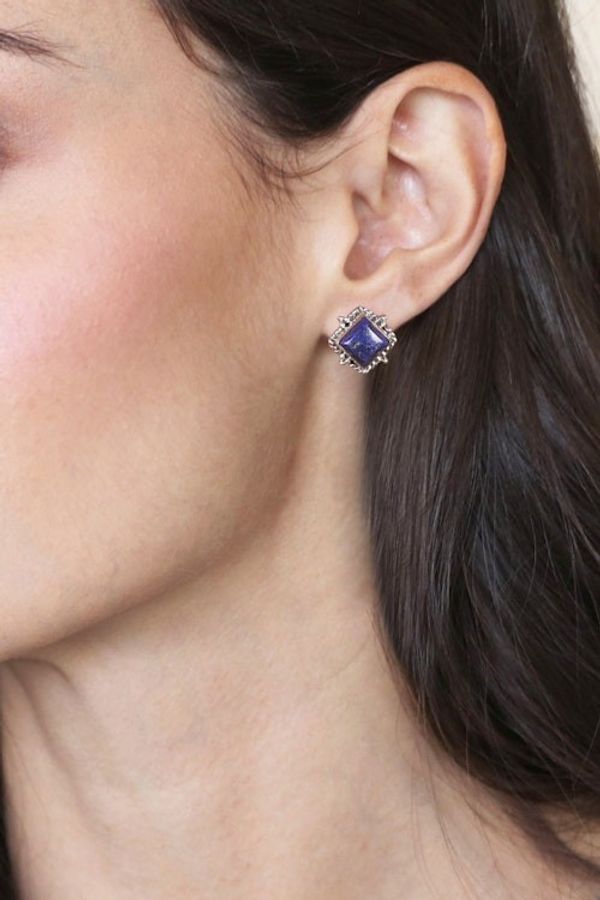 Alternate image for Lapis Lazuli Cabochon and Sterling Silver Button Earrings Jewels of Majesty