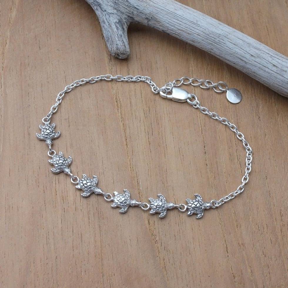 Sterling Silver Pendant Bracelet with Turtle Motifs 'Connected Turtles'