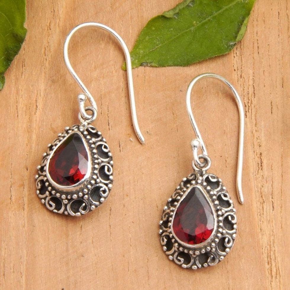 Sterling Silver Dangle Earrings with Two-Carat Garnet Gems 'Luxurious Winds in Red'