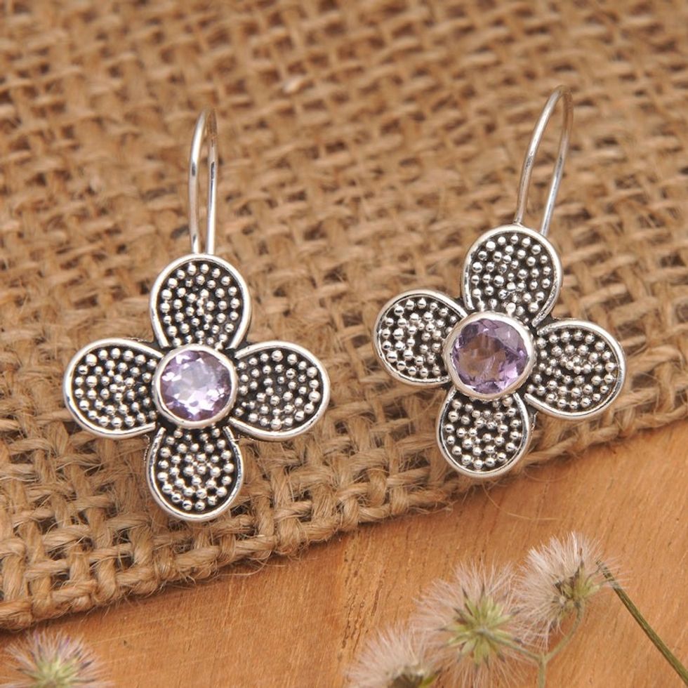 Floral Sterling Silver Drop Earrings with Amethyst Jewels 'Spring of Wisdom'
