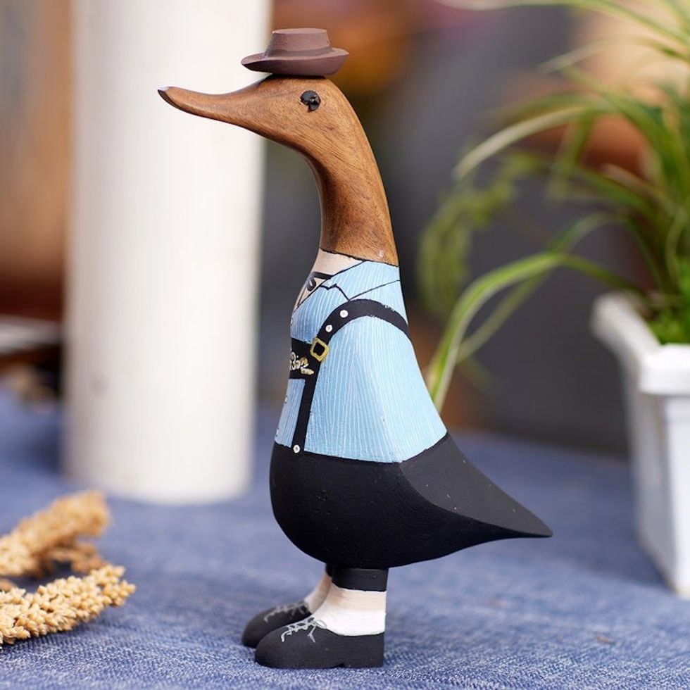 Bamboo and Teak Wood Duck Sculpture in Alpine Garments 'Mister Duck in the Alps'