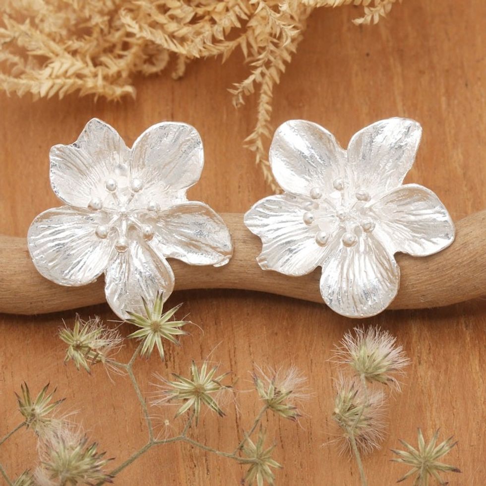 Matte Hibiscus Flower Sterling Silver Button Earrings 'Winter Hibiscus'