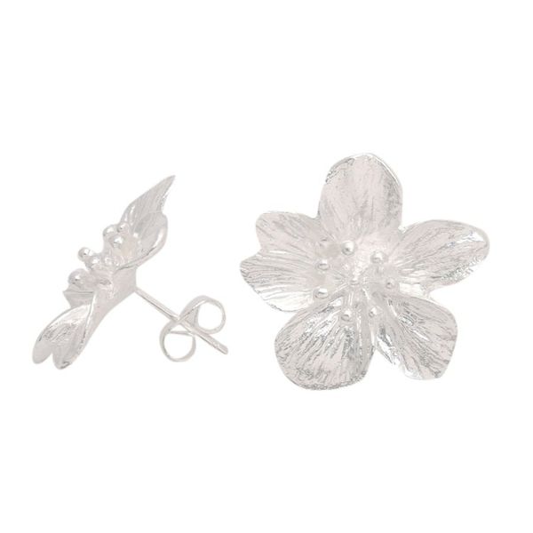 Alternate image for Matte Hibiscus Flower Sterling Silver Button Earrings Winter Hibiscus