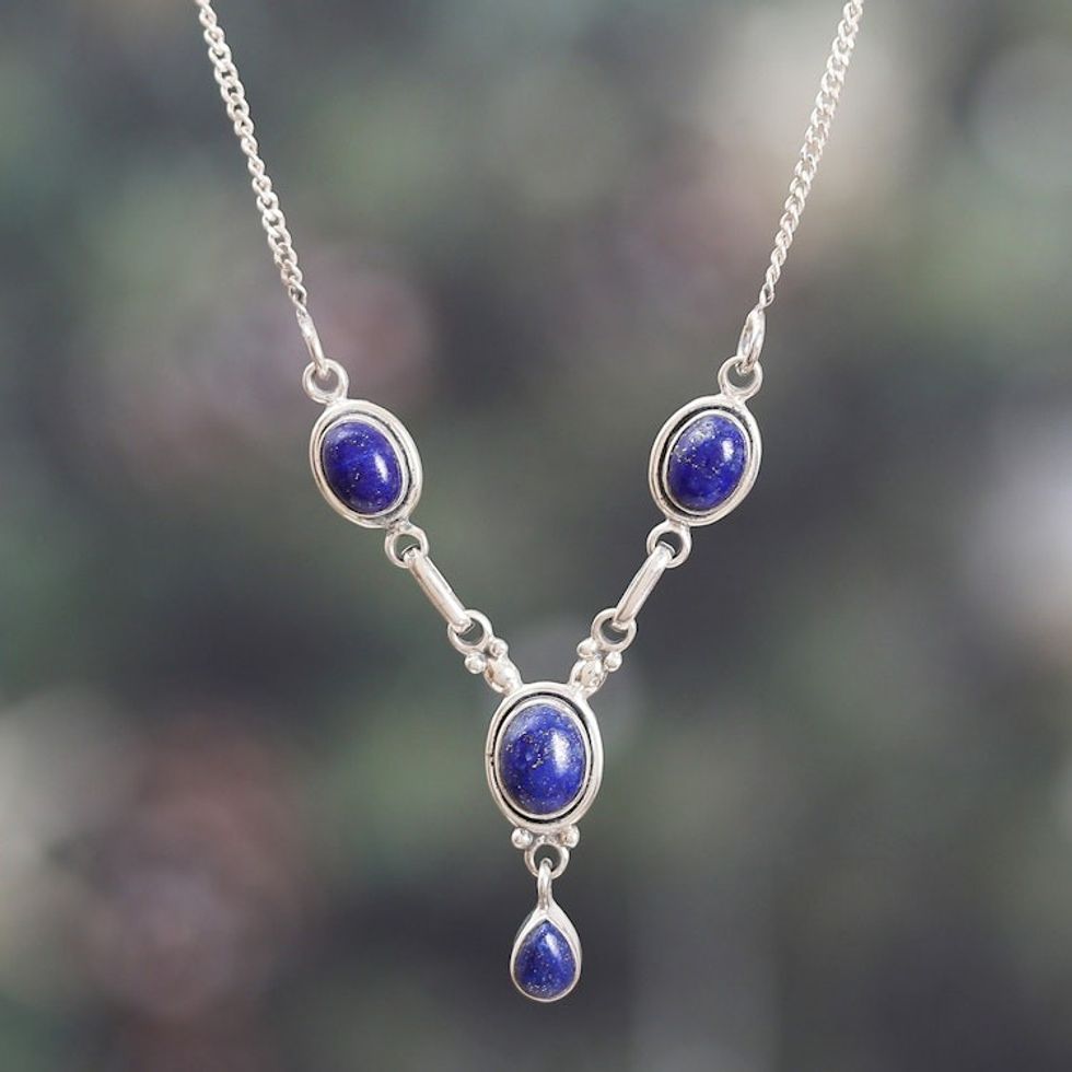 Sterling Silver Y-Necklace with Four Lapis Lazuli Stones 'Mystery in Blue'
