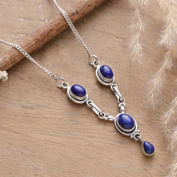 Alternate image for Sterling Silver Y-Necklace with Four Lapis Lazuli Stones Mystery in Blue
