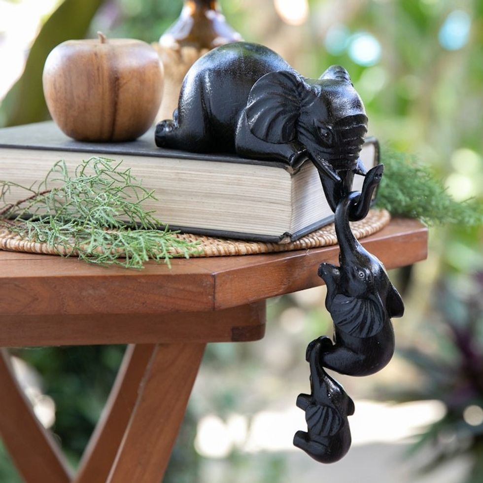 Handmade Elephant Suar Wood Sculptures in Black Set of 3 'Nocturnal Family Fun'