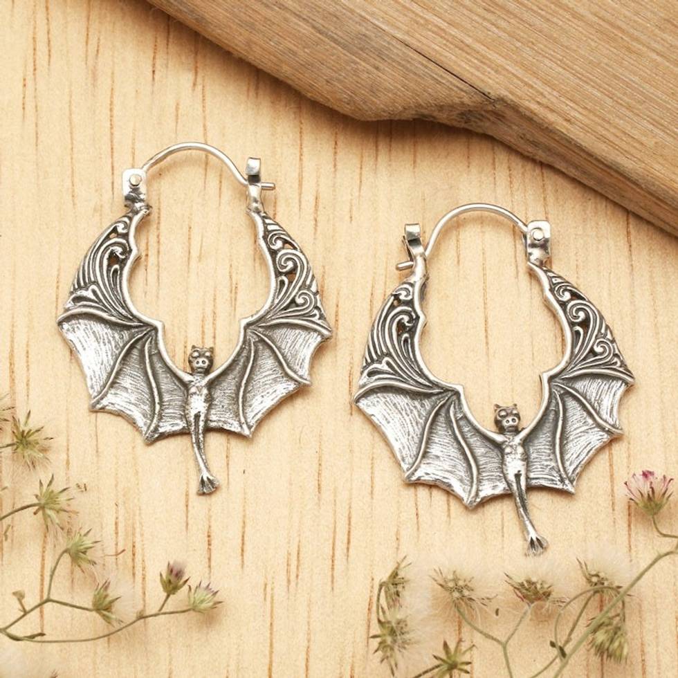 Balinese Handmade Bat-Shaped Sterling Silver Hoop Earrings 'Nocturnal Puissance'
