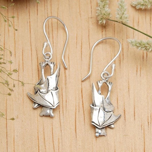 Alternate image for Polished and Oxidized Bat Sterling Silver Dangle Earrings Soul of the Night