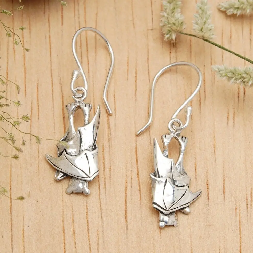 Polished and Oxidized Bat Sterling Silver Dangle Earrings 'Soul of the Night'