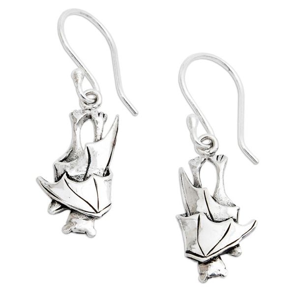 Alternate image for Polished and Oxidized Bat Sterling Silver Dangle Earrings Soul of the Night