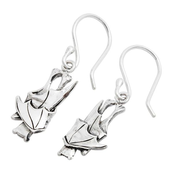 Alternate image for Polished and Oxidized Bat Sterling Silver Dangle Earrings Soul of the Night