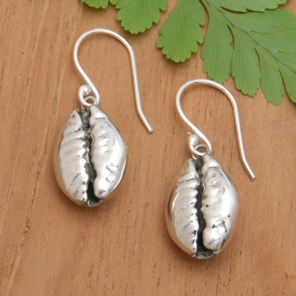 Polished Coffee Bean-Shaped Sterling Silver Dangle Earrings 'Immortal Coffee'
