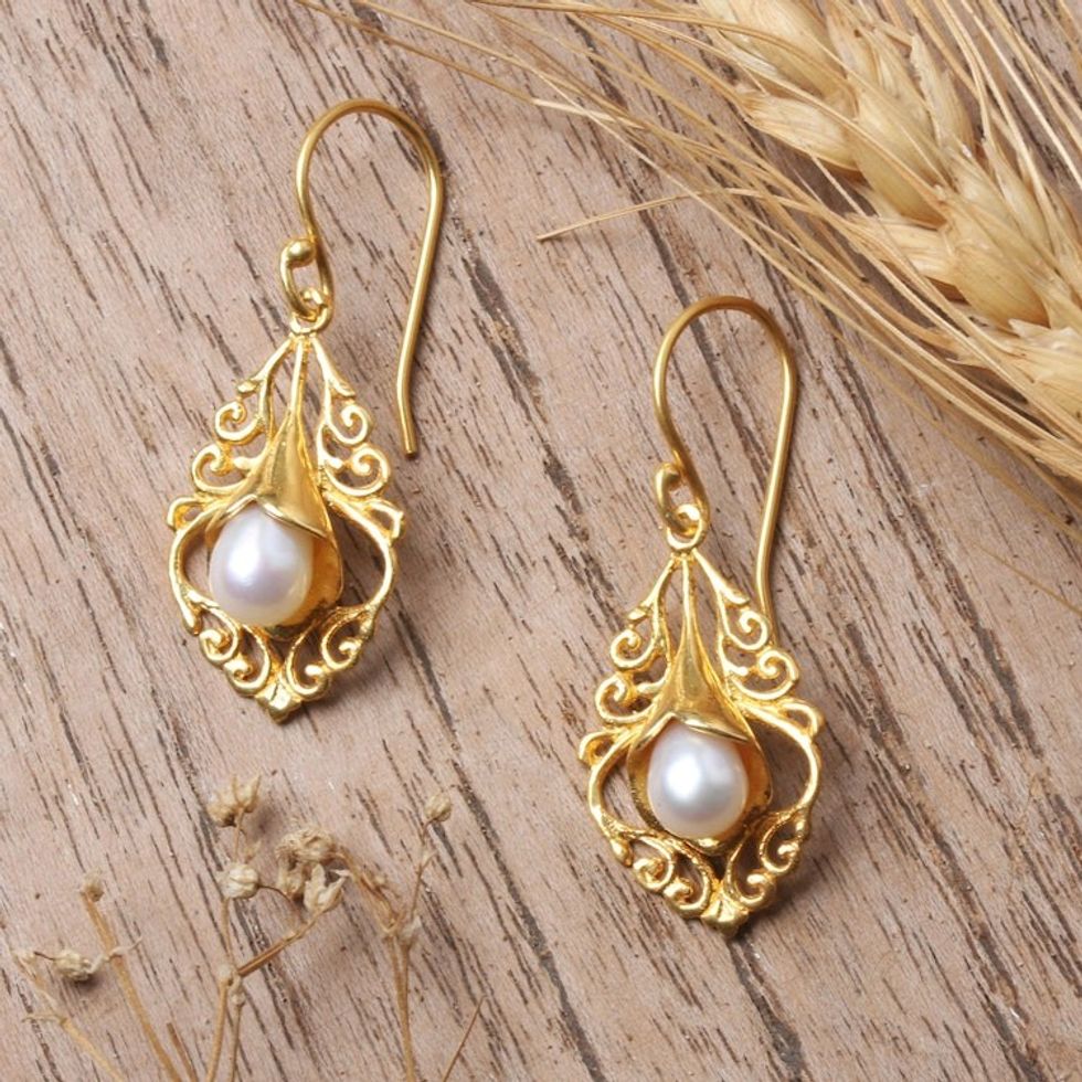 22k Gold-Plated White Cultured Pearl Kayonan Dangle Earrings 'Sacred Kayonan'