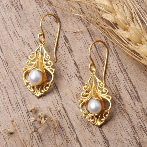 Alternate image for 22k Gold-Plated White Cultured Pearl Kayonan Dangle Earrings Sacred Kayonan