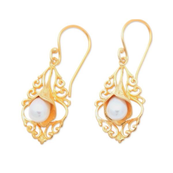Alternate image for 22k Gold-Plated White Cultured Pearl Kayonan Dangle Earrings Sacred Kayonan