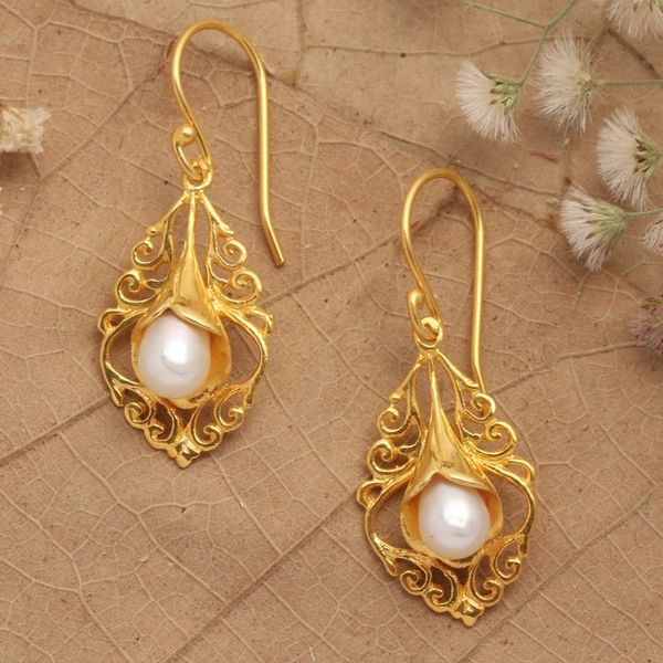 Alternate image for 22k Gold-Plated White Cultured Pearl Kayonan Dangle Earrings Sacred Kayonan