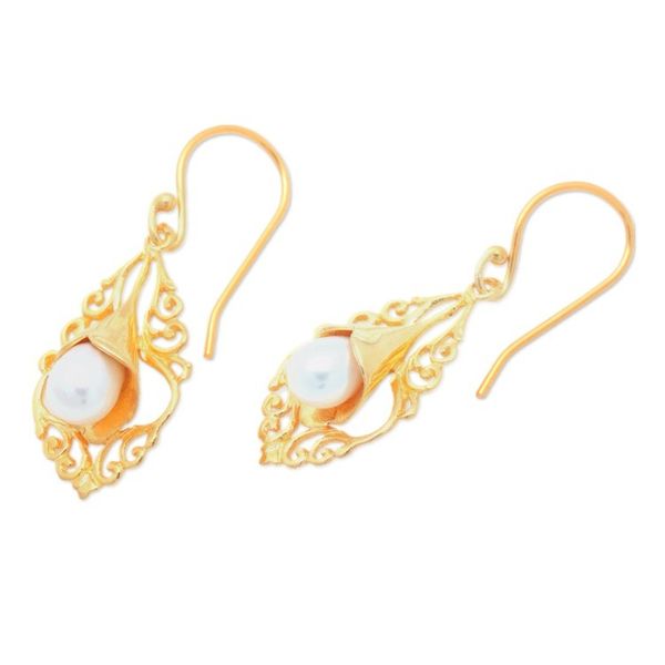Alternate image for 22k Gold-Plated White Cultured Pearl Kayonan Dangle Earrings Sacred Kayonan
