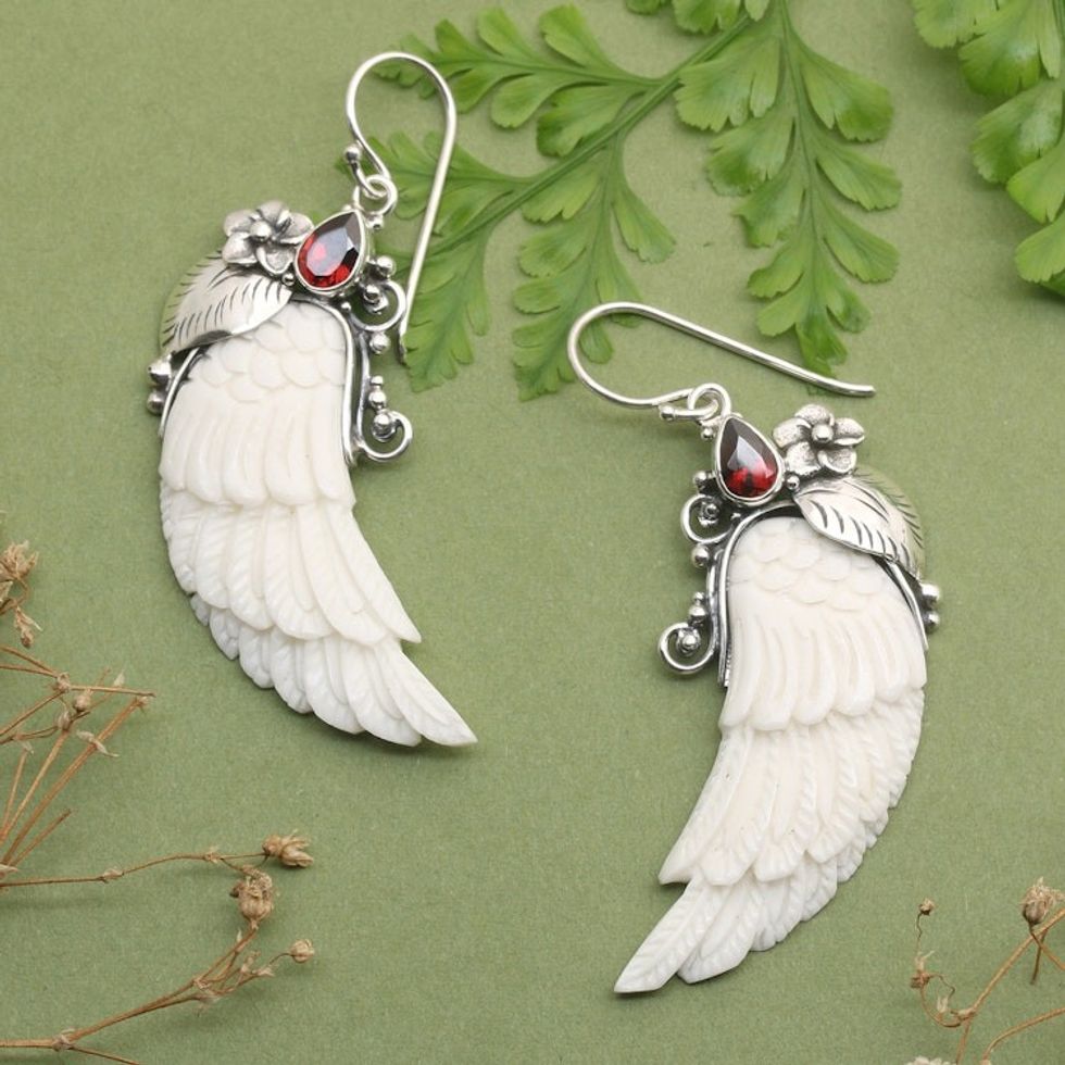 Wing-Shaped Natural Garnet Dangle Earrings from Bali 'Flight in the Passionate Eden'