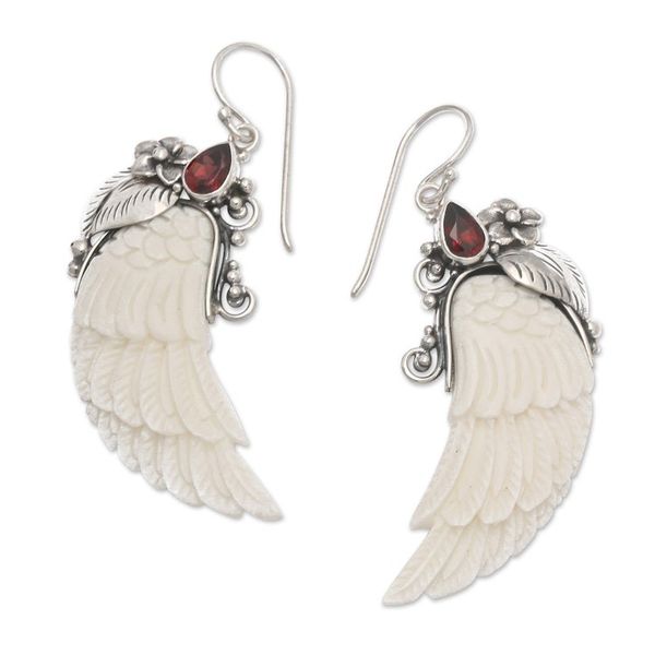 Alternate image for Wing-Shaped Natural Garnet Dangle Earrings from Bali Flight in the Passionate Eden