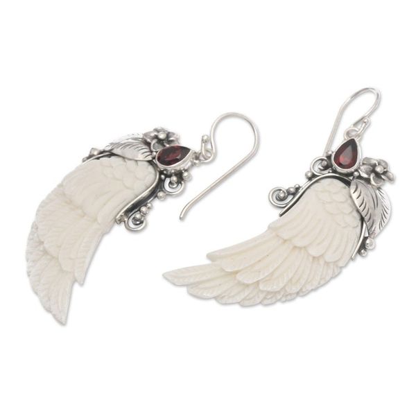Alternate image for Wing-Shaped Natural Garnet Dangle Earrings from Bali Flight in the Passionate Eden