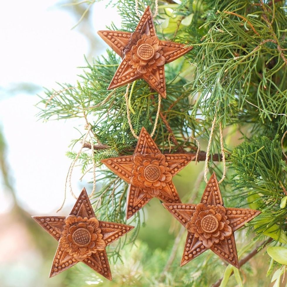Handmade Sunflower Wood Holiday Ornaments Set of 4 'Little Lotus'