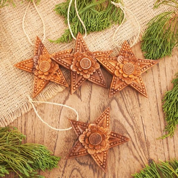 Alternate image for Handmade Sunflower Wood Holiday Ornaments Set of 4 Little Lotus