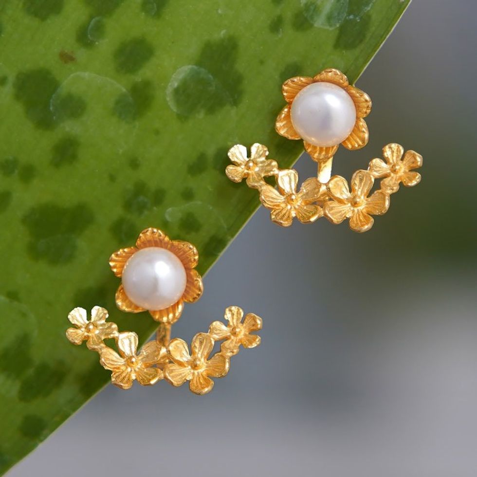 Floral 22k Gold-Plated White Pearl Ear Jacket Earrings 'Pearly Eden'