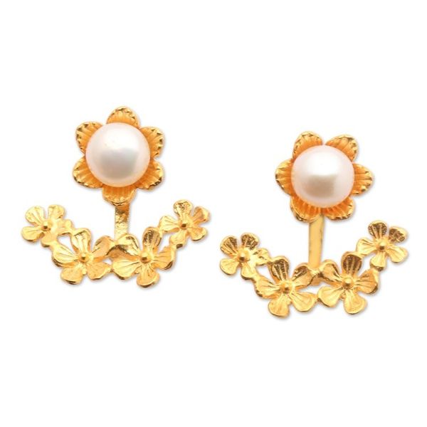 Alternate image for Floral 22k Gold-Plated White Pearl Ear Jacket Earrings Pearly Eden