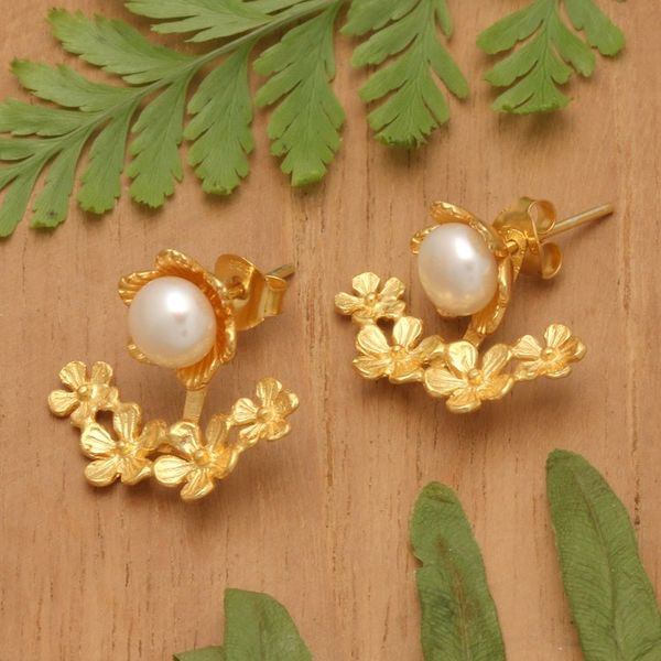 Alternate image for Floral 22k Gold-Plated White Pearl Ear Jacket Earrings Pearly Eden