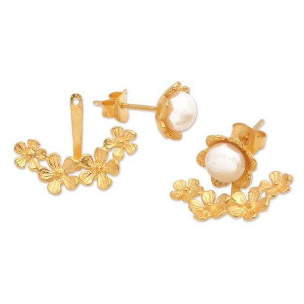 Alternate image for Floral 22k Gold-Plated White Pearl Ear Jacket Earrings Pearly Eden