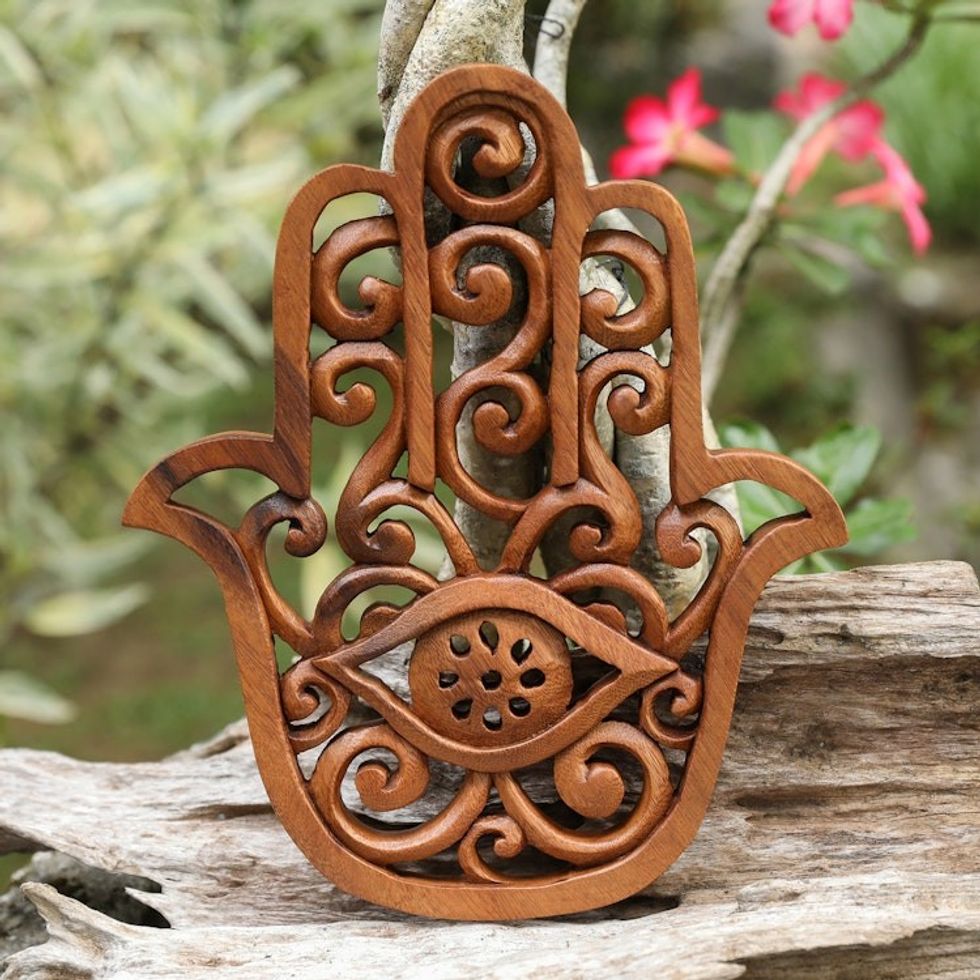 Hand-Carved Wood Wall Relief Panel of Hamsa Evil Eye Amulet 'Evil Eye Hamsa'