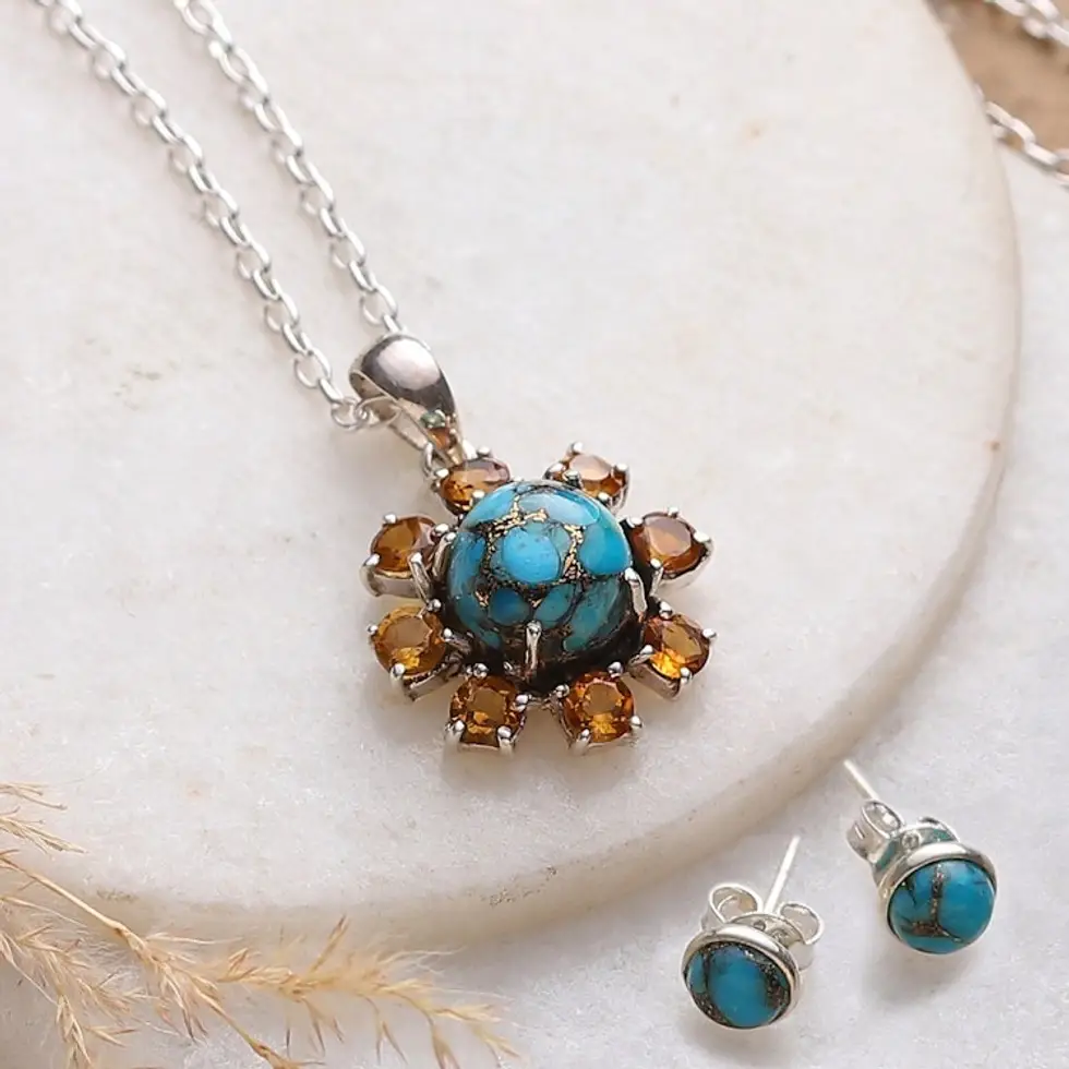 Sun-Themed Composite Turquoise and Citrine Jewelry Set 'Solar Peace'